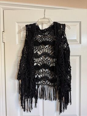 Jet Set Black Crochet Fringe Open Vest Sweater One Size